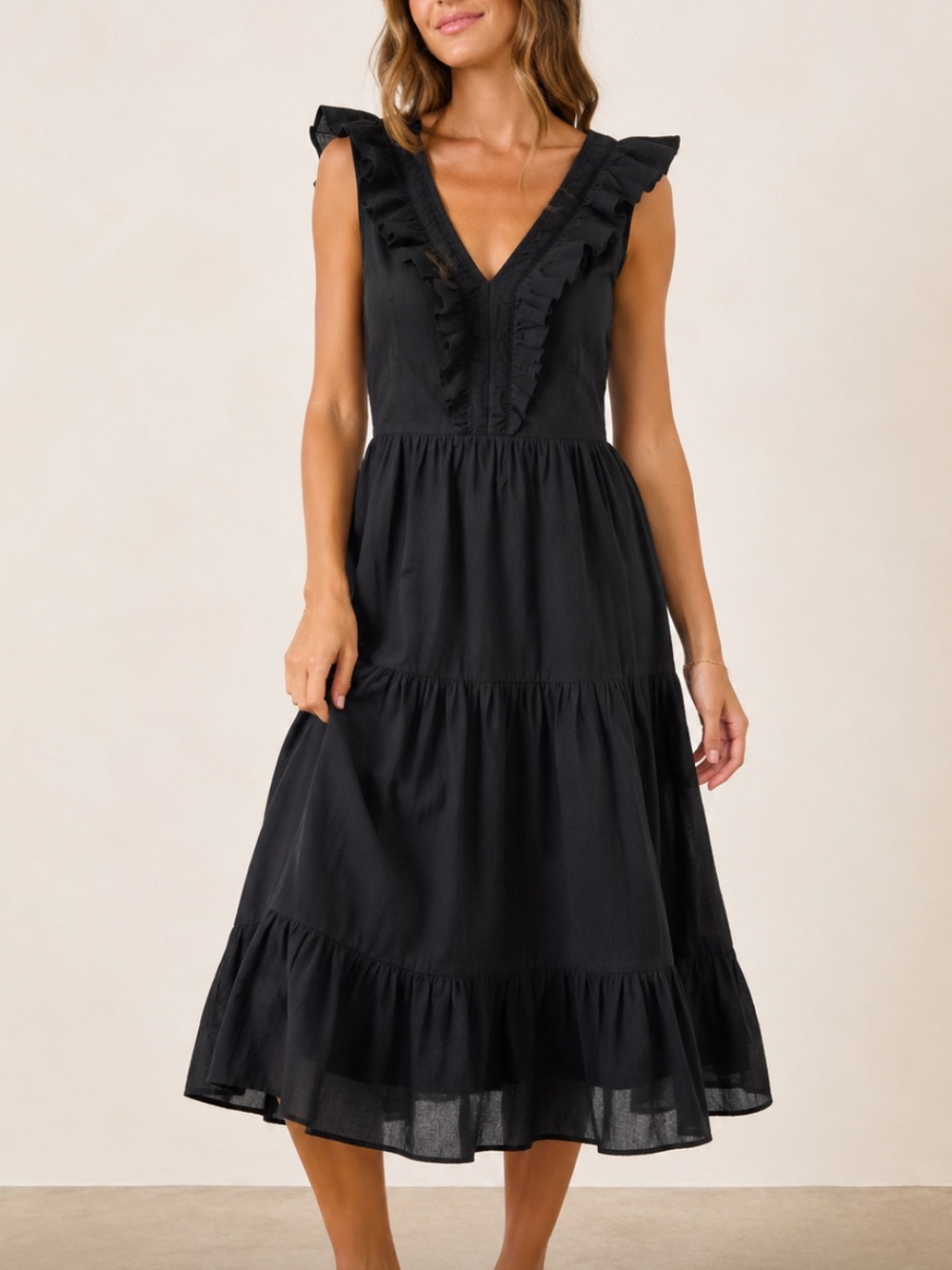 J. Crew Black Ruffle Tiered V-Neck Midi Dress